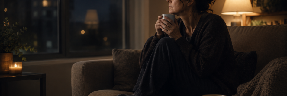 Woman sitting quietly with a warm drink beside a window at night
