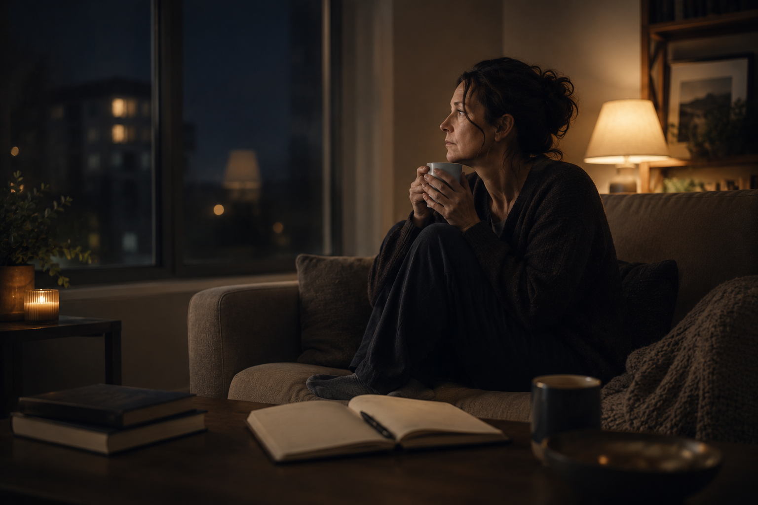 Woman sitting quietly with a warm drink beside a window at night