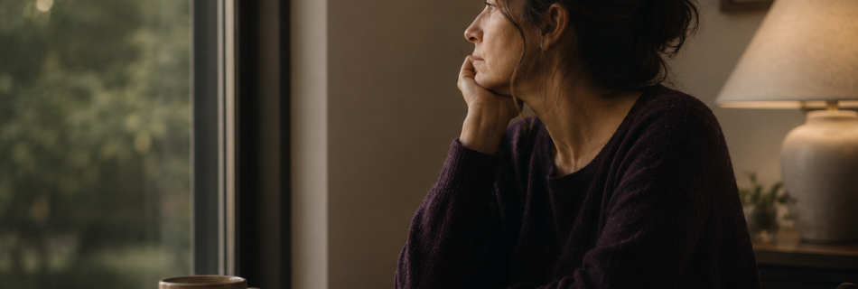 Woman sitting thoughtfully by a window with a journal and cup
