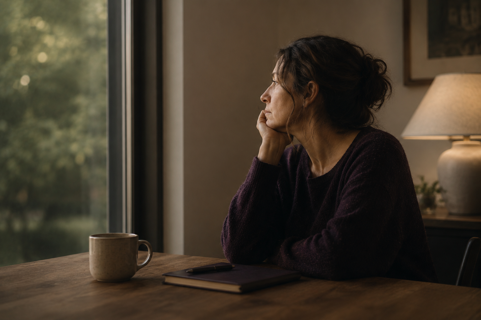 Woman sitting thoughtfully by a window with a journal and cup