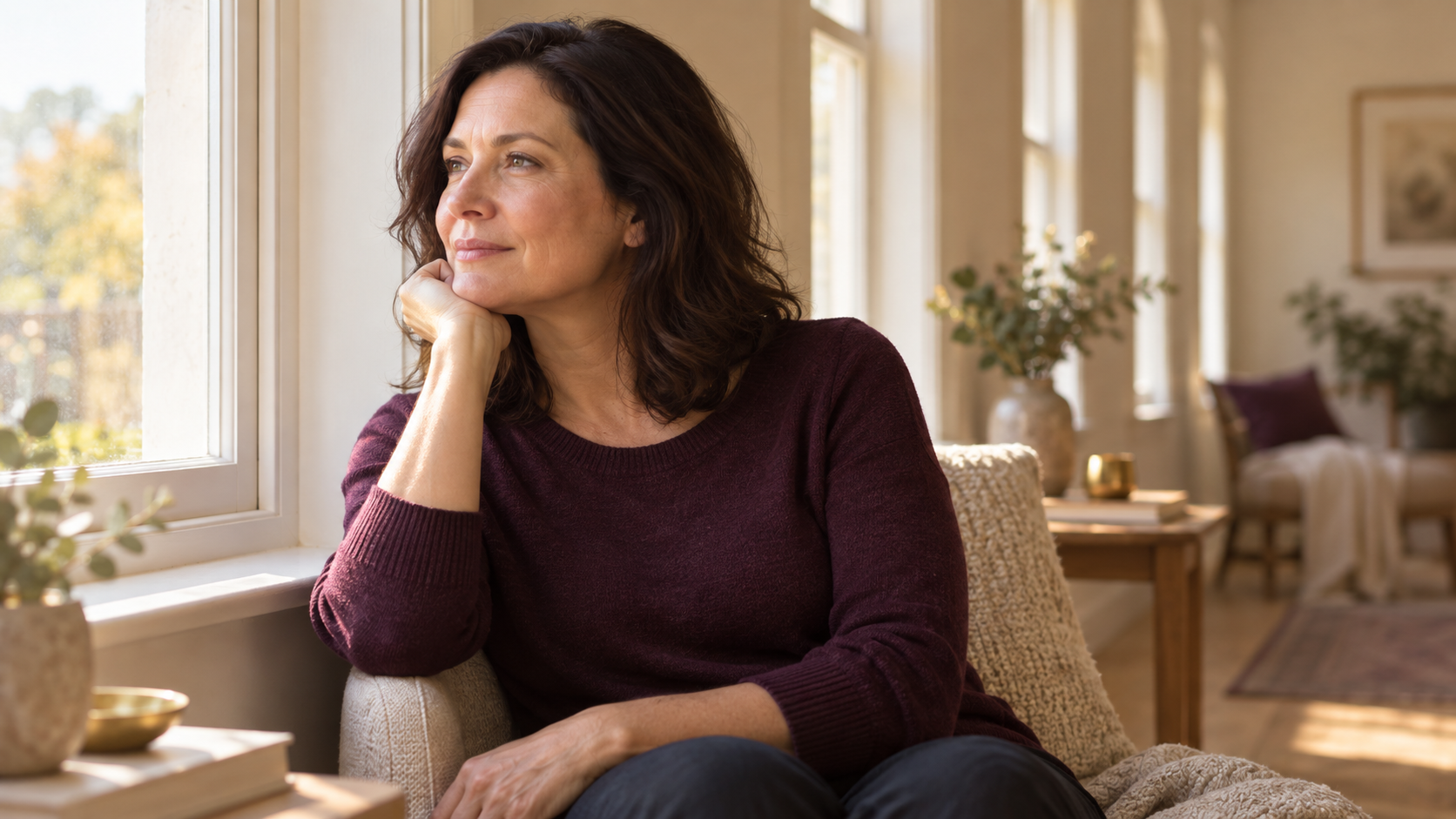 Thoughtful woman in an aubergine top beside a softly lit window